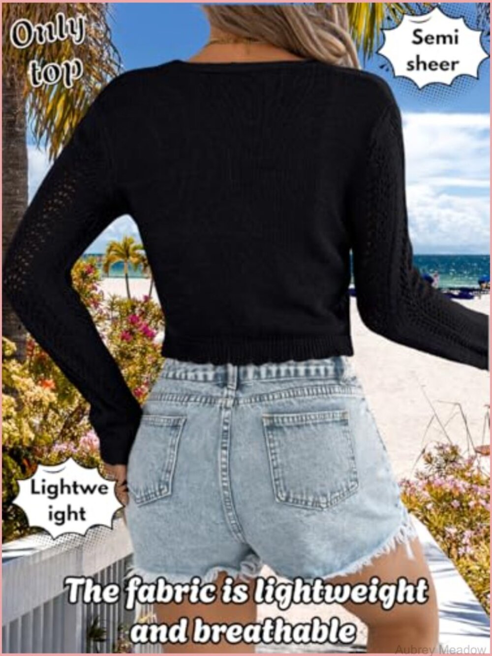 Lightweight Cropped Crochet Cardigan Tie Front V-Neck Hollow Out Knit Top - Picture 4 of 7